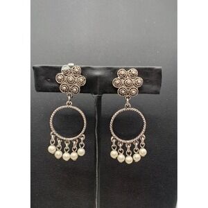 Vintage Silver Tone Textured Flower Hoop Faux Pearl Dangle Clip On Earrings